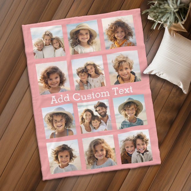 12 Foto Instagram Collage mit pfirsichfarbenem Hin Fleecedecke (Personalized fleece blanket with 12 photos and custom text - Makes a great Gift)