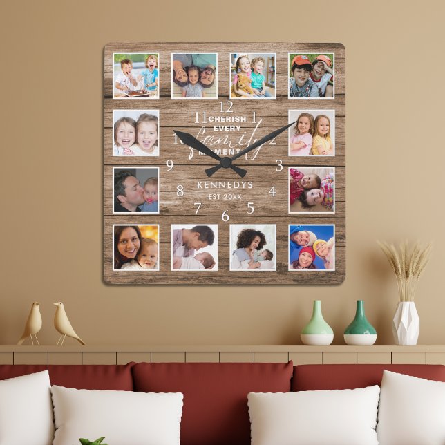 12 Foto von Collage Family Quote Reclaimed Wood Quadratische Wanduhr (12 Photo Collage Family Quote Reclaimed Wood Square Wall Clock)