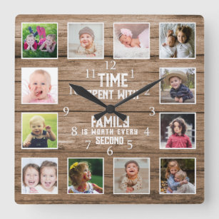 12 Foto von Collage Family Quote Reclaimed Wood Quadratische Wanduhr