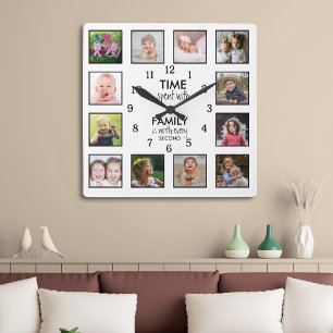 12 Foto Vorlage Zeit mit Familie Zitat Weiß Quadratische Wanduhr