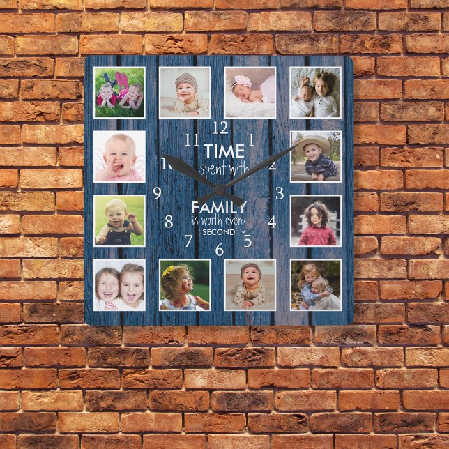 12 Foto Zeit mit Familienangebot Blue Wood verbrac Quadratische Wanduhr (Von Creator hochgeladen)