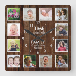 12 Foto Zeit mit Familienzitat Palettenholz Quadratische Wanduhr