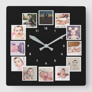 12 FotoCollage Einzigartig Personalisiert Quadratische Wanduhr