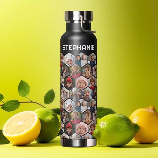 12 FotoCollage - funky hexagon - Random Muster Trinkflasche (Personalized water bottle with a photo pattern and custom name)