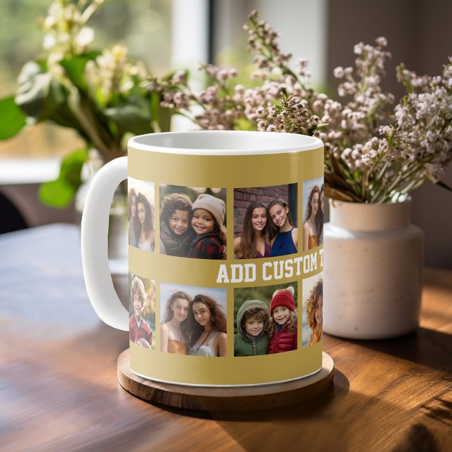 12 FotoCollage mit Gold Hintergrund Kaffeetasse (Photo mug with personalized text - makes a great gift!)