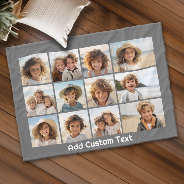 12 FotoCollage mit grauem Holzkohlehintergrund Fleecedecke (Personalized fleece blanket with 12 photos and custom text)
