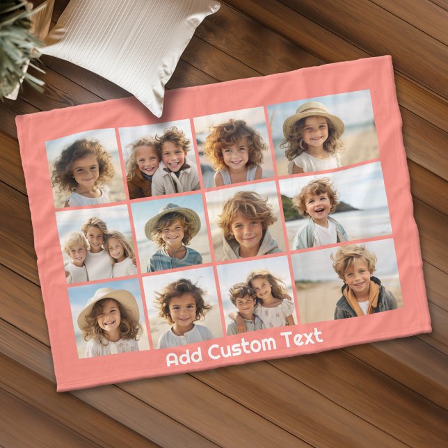 12 FotoCollage mit Korallenpfirsich und Text Fleecedecke (Personalized fleece blanket with 12 photos and custom text)