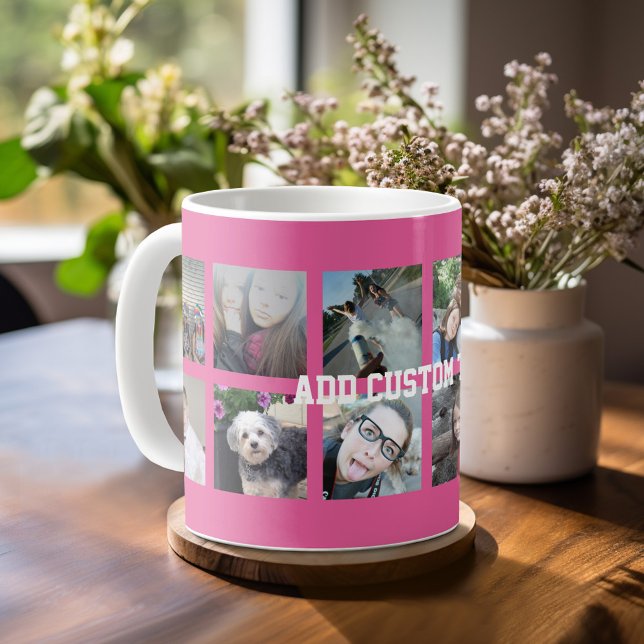 12 FotoCollage mit rosa Hintergrund Kaffeetasse (Mug template with a place for photos and custom text)