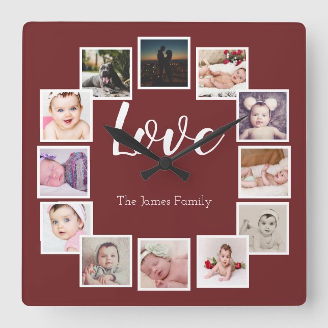 12 FotoCollage Personalisiert Burgund Quadratische Wanduhr (Vorderseite)