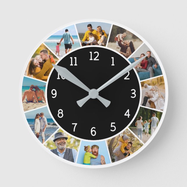 12 Fotocollage Schwarz & Weiß Familie & Freunde Runde Wanduhr (Vorderseite)