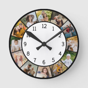 12 Fotocollage Schwarz & Weiß Familie & Freunde Runde Wanduhr