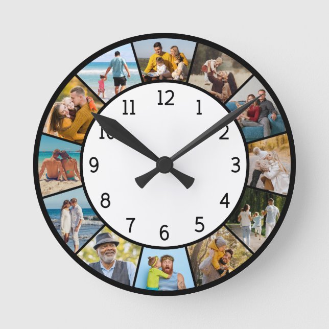 12 Fotocollage Schwarz & Weiß Familie & Freunde Runde Wanduhr (Vorderseite)