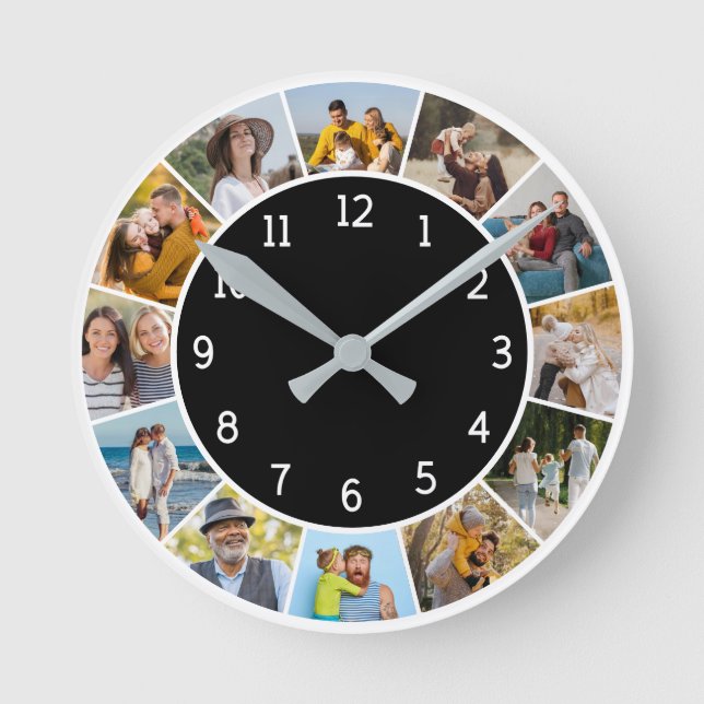12 Fotocollage Schwarz & Weiß Familie & Freunde Runde Wanduhr (Vorderseite)