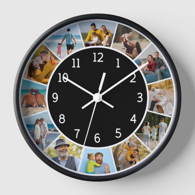 12 Fotocollage Schwarz & Weiß Familie & Freunde Uhr (Vorderseite)