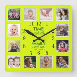 12 FotoCollage Time bei Neon Green Quadratische Wanduhr