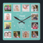 12 FotoCollage Time mit Familienangebot Aquamarin Quadratische Wanduhr<br><div class="desc">Individuelle Foto-Uhr mit inspirierend Familienausdruck "Zeit mit der Familie ist jede Sekunde wert". Personalisieren Sie mit 12 Ihrer Lieblings-Fotos.</div>