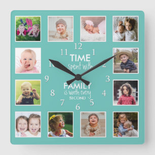 12 FotoCollage Time mit Familienangebot Aquamarin Quadratische Wanduhr