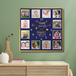 12 FotoCollage Time mit Familienangebot Blue Gold Quadratische Wanduhr