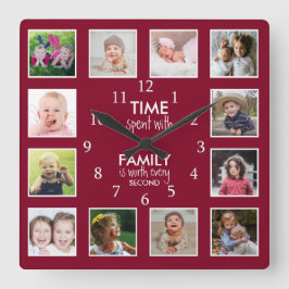 12 FotoCollage Time mit Familienangebot Burgundy Quadratische Wanduhr