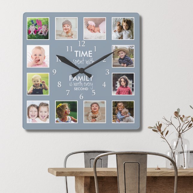 12 FotoCollage Time mit Familienangebot dumm blau Quadratische Wanduhr (Von Creator hochgeladen)