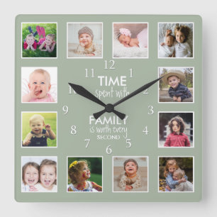 12 FotoCollage Time mit Family Quote Sage Green Quadratische Wanduhr