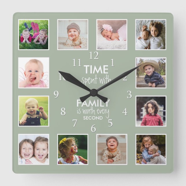 12 FotoCollage Time mit Family Quote Sage Green Quadratische Wanduhr (Vorderseite)