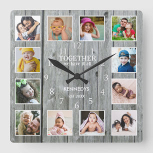 12 Fotocollage zusammen Familienangebot Graues Hol Quadratische Wanduhr