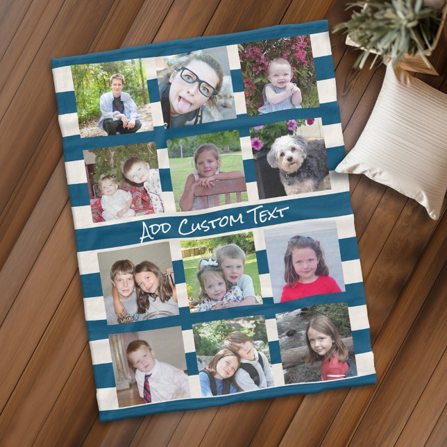 12 Fotomaterial mit Preppy Blue Elfenbeinstreifen Fleecedecke (Personalized fleece blanket with 12 photos and custom text - Makes a great Gift)