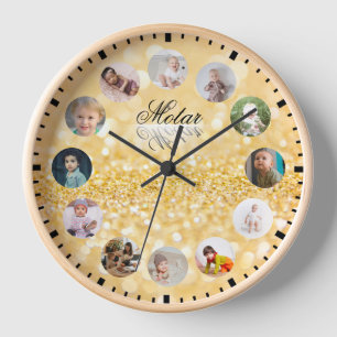12 Fotos Collage Personalisiert Name Golden Style Uhr