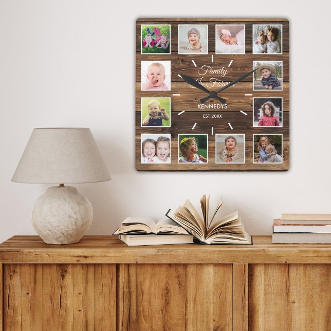 12 Fotosammlerfamilie ist ewig rustikales Holz Quadratische Wanduhr (12 Photo Collage Family Is Forever Rustic Wood Square Wall Clock)