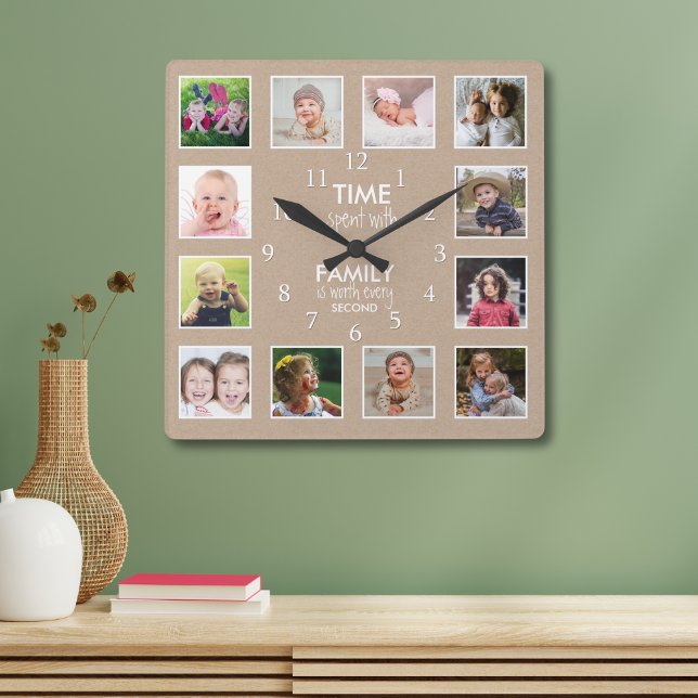 12 Fotosammlungszeit mit Familienangebot Quadratische Wanduhr (12 Photo Collage Time Spent With Family Quote Square Wall Clock
)
