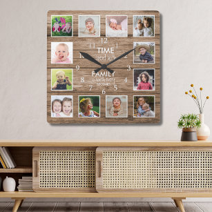 12 Fotosammlungszeit mit Holz für Familien Quadratische Wanduhr