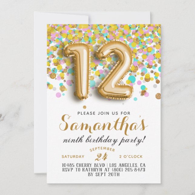 12. Geburtstag Confetti Einladung (Vorderseite)