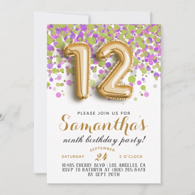 12. Geburtstag Confetti Einladung (Vorderseite)
