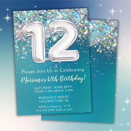 12. Geburtstag Einladung Aquamarin Silber Glitzer