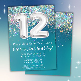 12. Geburtstag Einladung Aquamarin Silber Glitzer