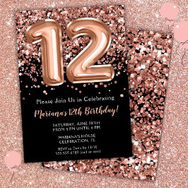 12. Geburtstag Einladung Black Rose Gold Glitzer