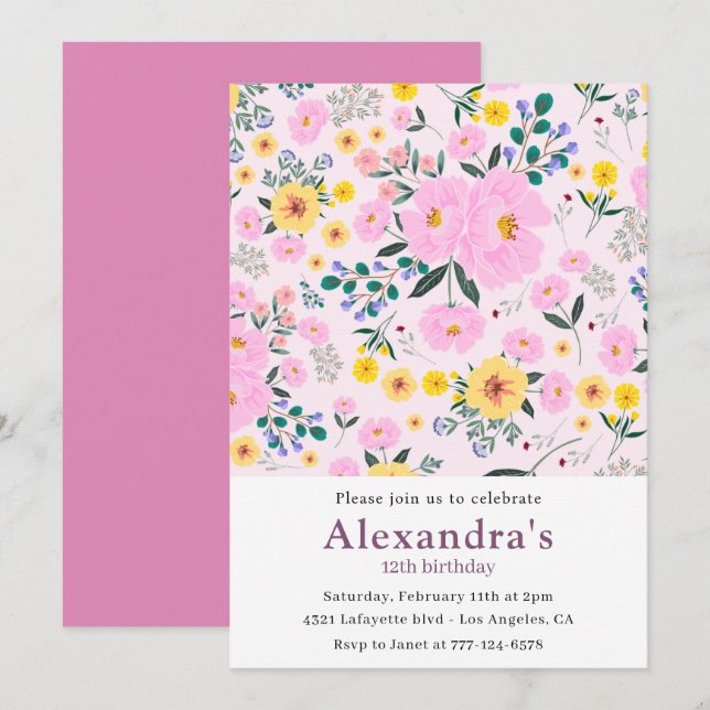 12. Geburtstag Einladungen Boho Floral Pink (Vorne/Hinten)