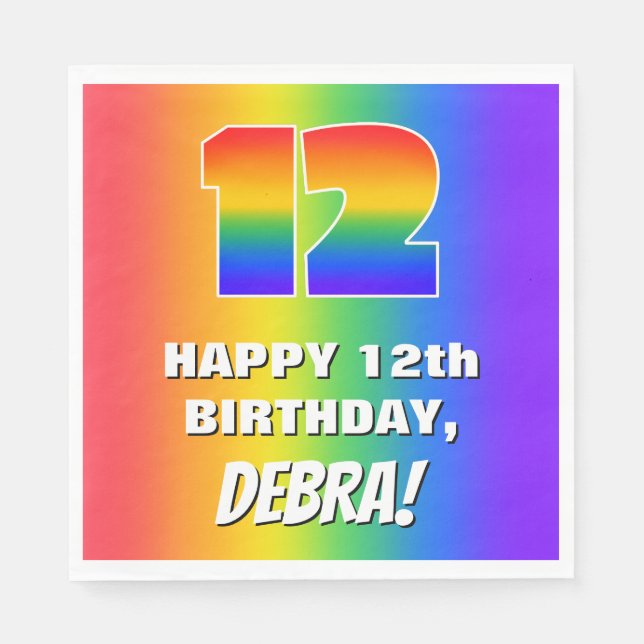 12. Geburtstag: Farbiges, lustiges Regenbogenmuste Serviette (Vorderseite)