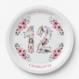 12. Geburtstag Foto Collage Girl Pink Blume Weiß Pappteller