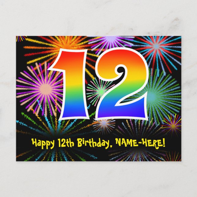 12. Geburtstag - Fun Fireworks Pattern + Regenboge Postkarte (Vorderseite)