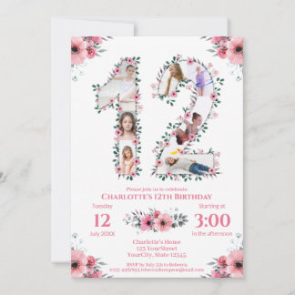 12. Geburtstag Girl Foto Collage Pink Blume Weiß Einladung