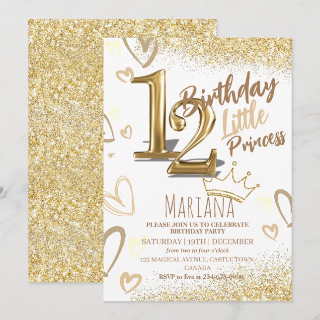 12. Geburtstag Heard Gold Glitter Glamour Party Einladung (Vorne/Hinten)