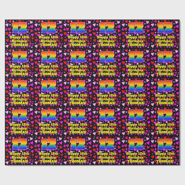 12. Geburtstag: Loving Hearts Pattern, Regenbogen  Geschenkpapier (Flach)