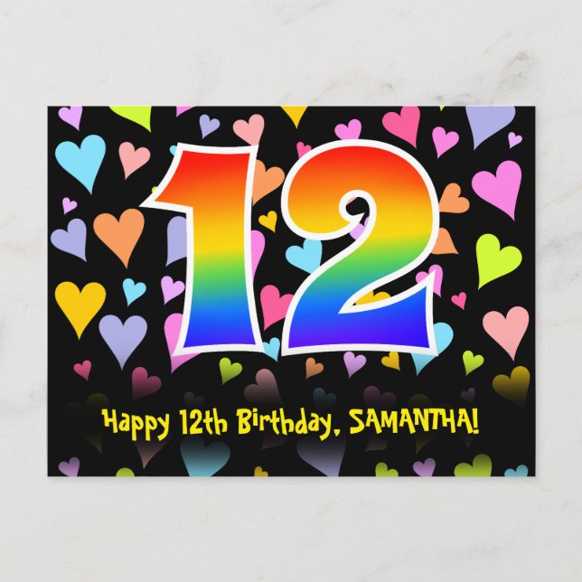 12. Geburtstag: Lustiges Herzen-Muster, Regenbogen Postkarte (Vorderseite)