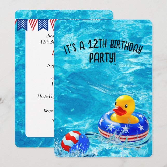 12. Geburtstag Pool Party mit gelber Ente Einladung (Vorne/Hinten)