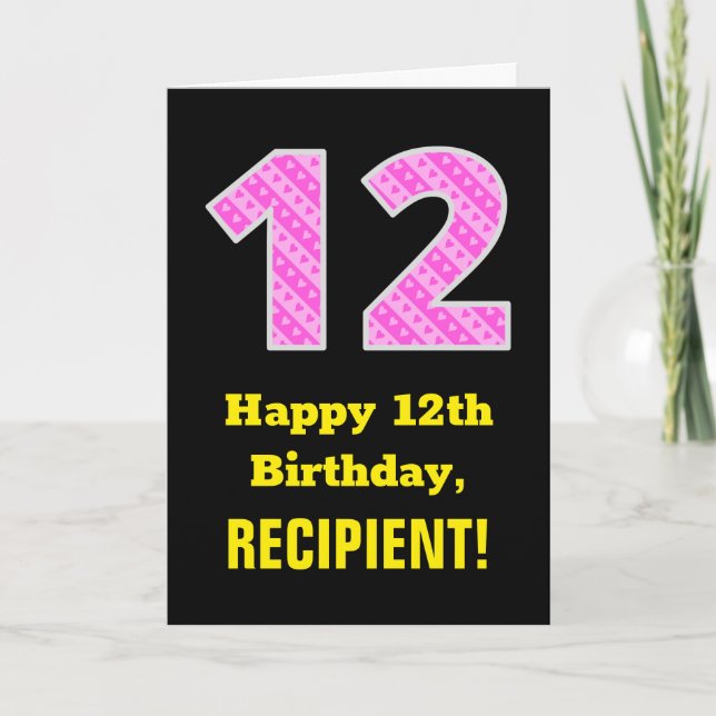 12. Geburtstag: Rosa Streifen und Herzen "12" + Na Karte (Vorderseite)