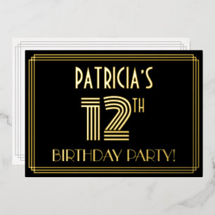 12. Geburtstagsparty — Art Deco Stil "12" + Name Folieneinladung