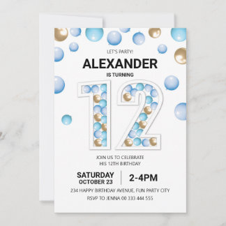 12. Geburtstagsparty, Blue and Gold Balloon Boy Einladung