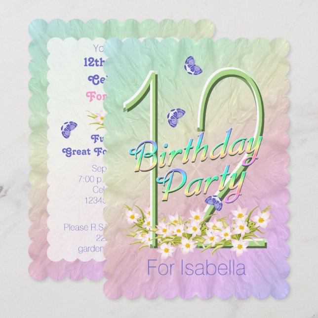 12. Geburtstagsparty Blumengarten Einladungen (Vorne/Hinten)